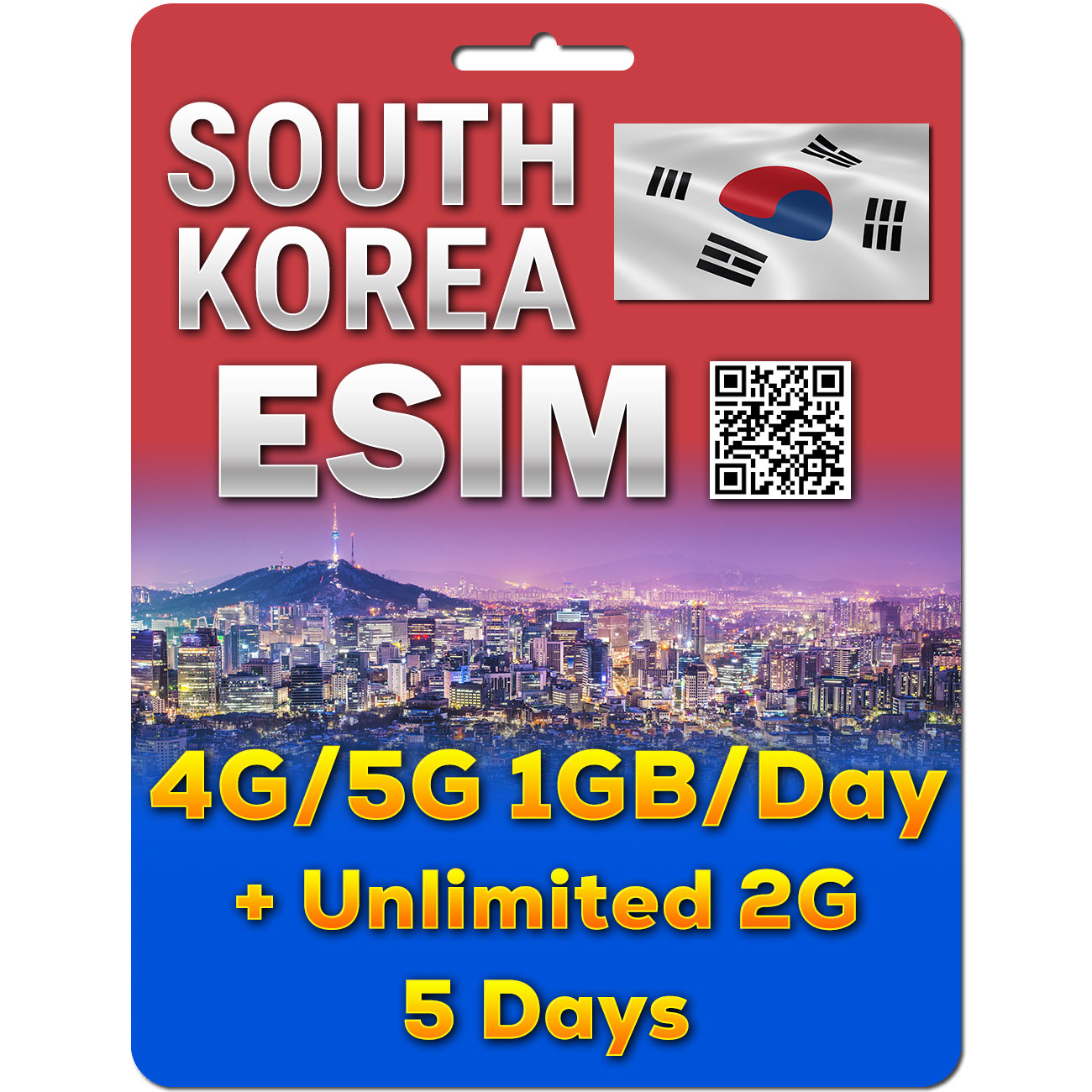 South Korea eSim | 5G 1GB/day + Unlimited Data | 5 to 30 Days | QR code activation