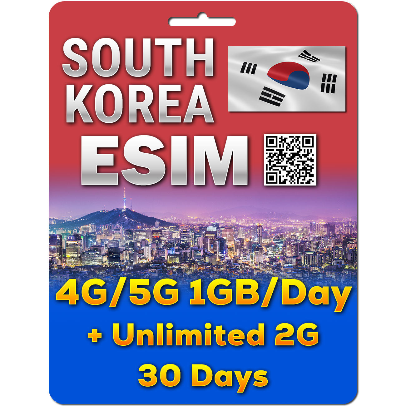 South Korea eSim | 5G 1GB/day + Unlimited Data | 5 to 30 Days | QR code activation
