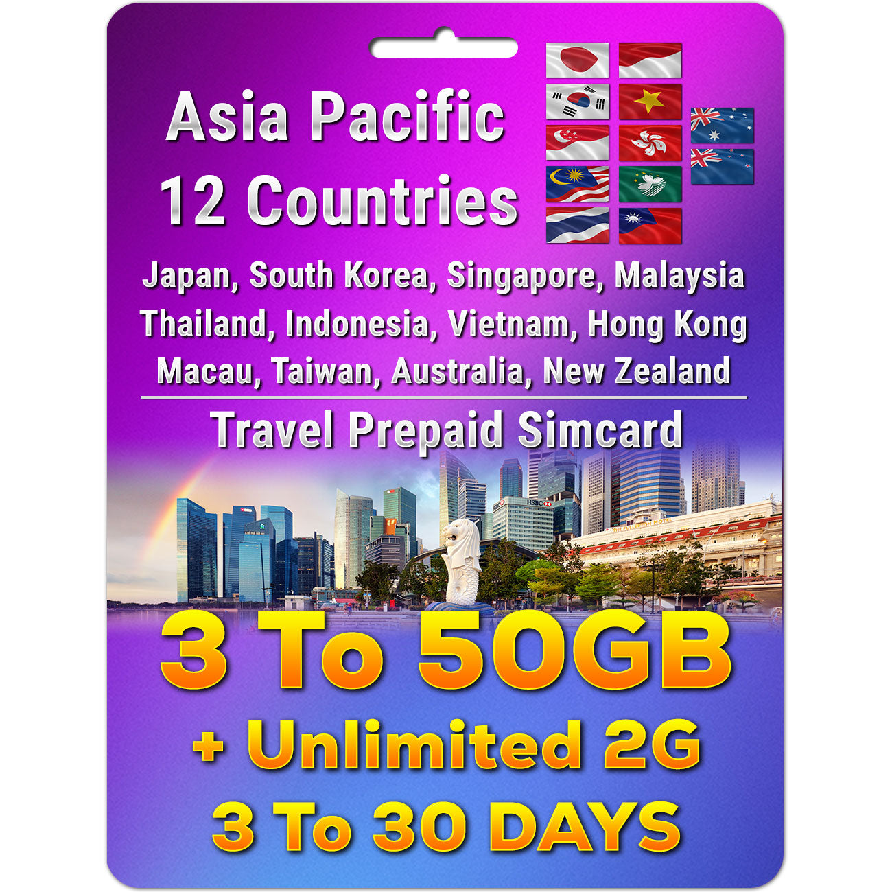 Asia Pacific 12 Countries Simcard | 3 - 50GB | 3 - 30 Days