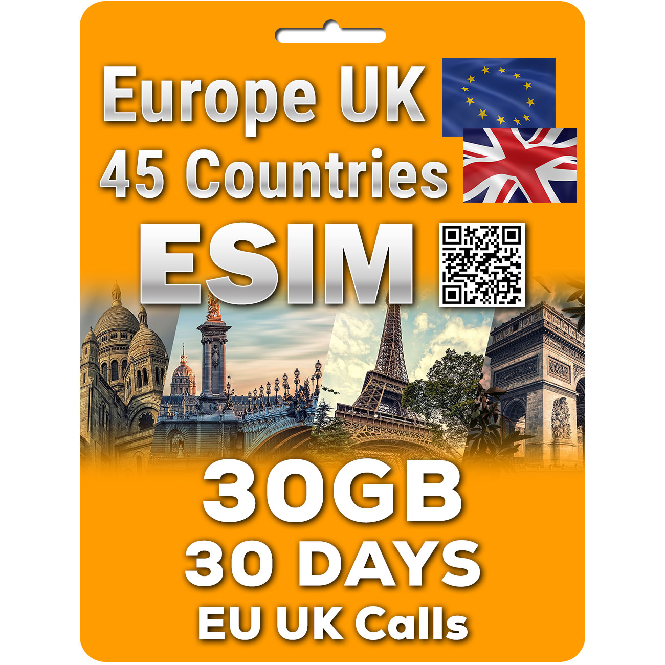 Europe UK Travel eSim | 15-30 Days 20-30GB | Unlimited EU UK Calls | QR code activation