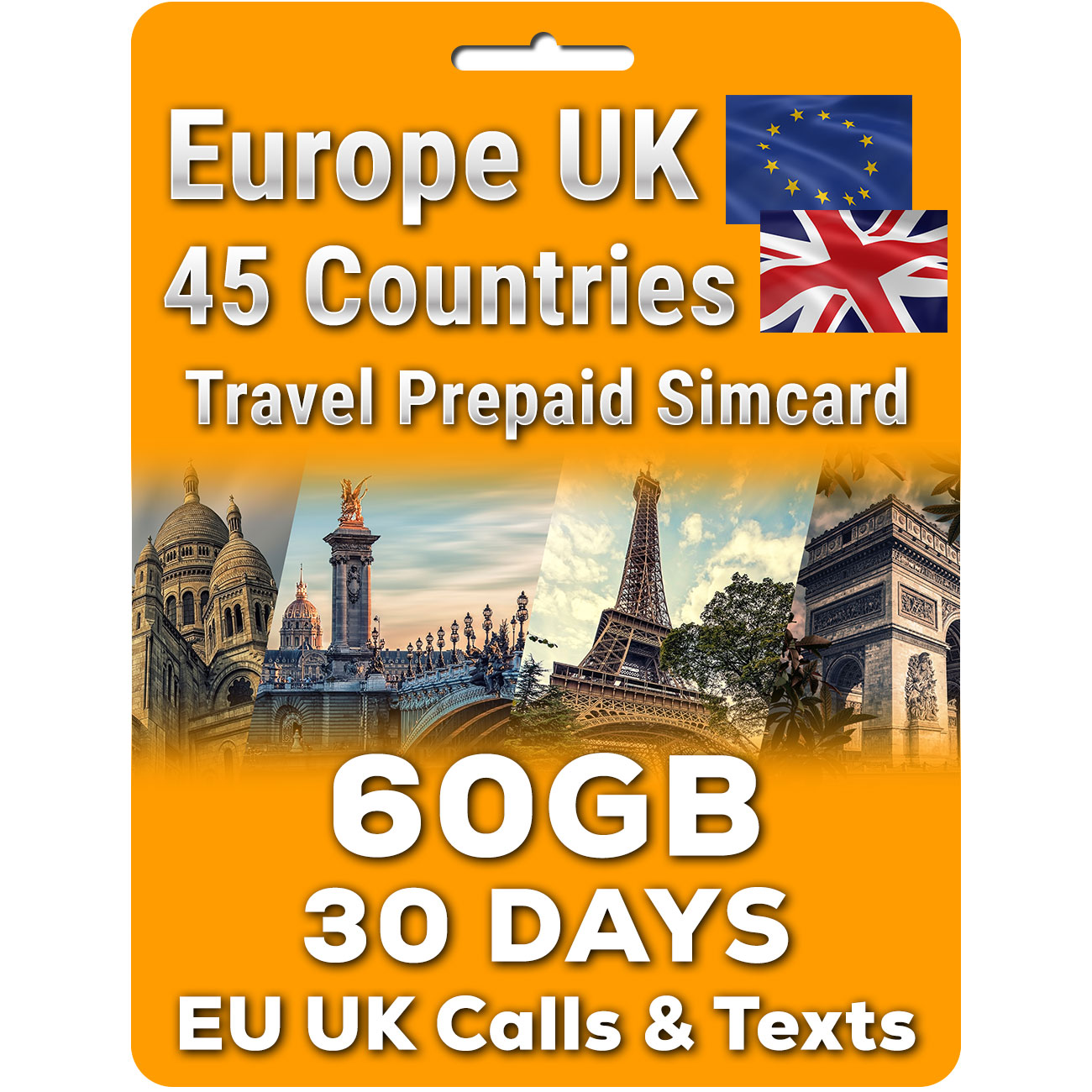 Europe UK Travel Sim card | 15-30 Days 20-60GB | EU UK Calls & Texts