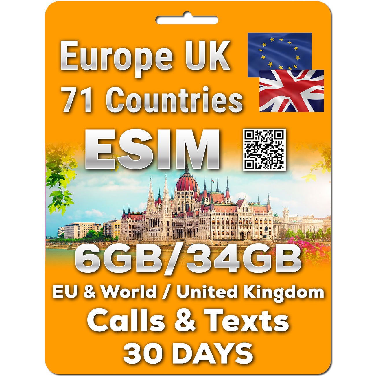 Europe UK eSIM - Data Calls Text | 6/12/18/30GB | Unlimited Calls & Text | 30 Days