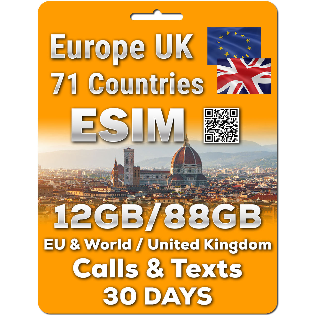 Europe UK eSIM - Data Calls Text | 6/12/18/30GB | Unlimited Calls & Text | 30 Days