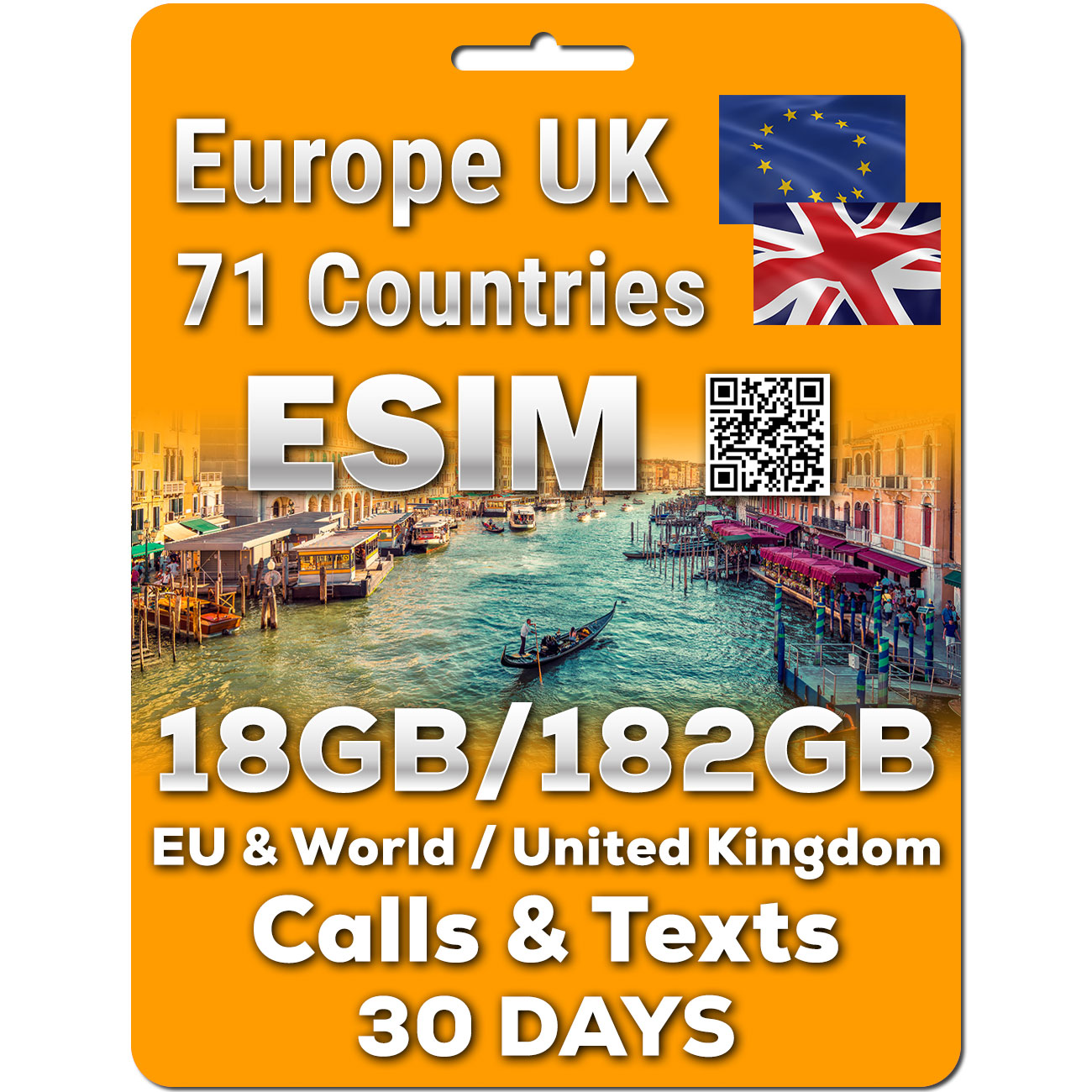 Europe UK eSIM - Data Calls Text | 6/12/18/30GB | Unlimited Calls & Text | 30 Days