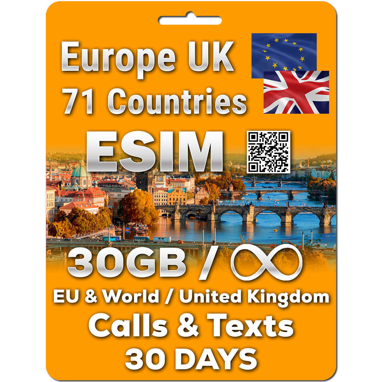 Europe UK eSIM - Data Calls Text | 6/12/18/30GB | Unlimited Calls & Text | 30 Days