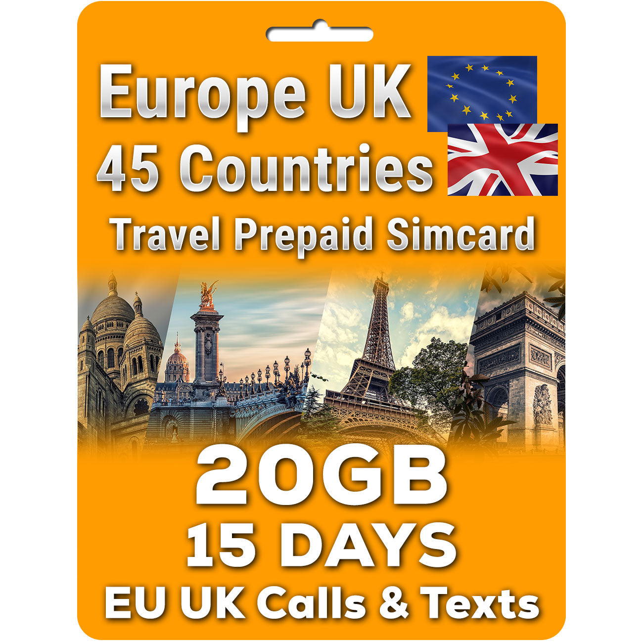 Europe UK Travel Sim card | 15-30 Days 20-60GB | EU UK Calls & Texts