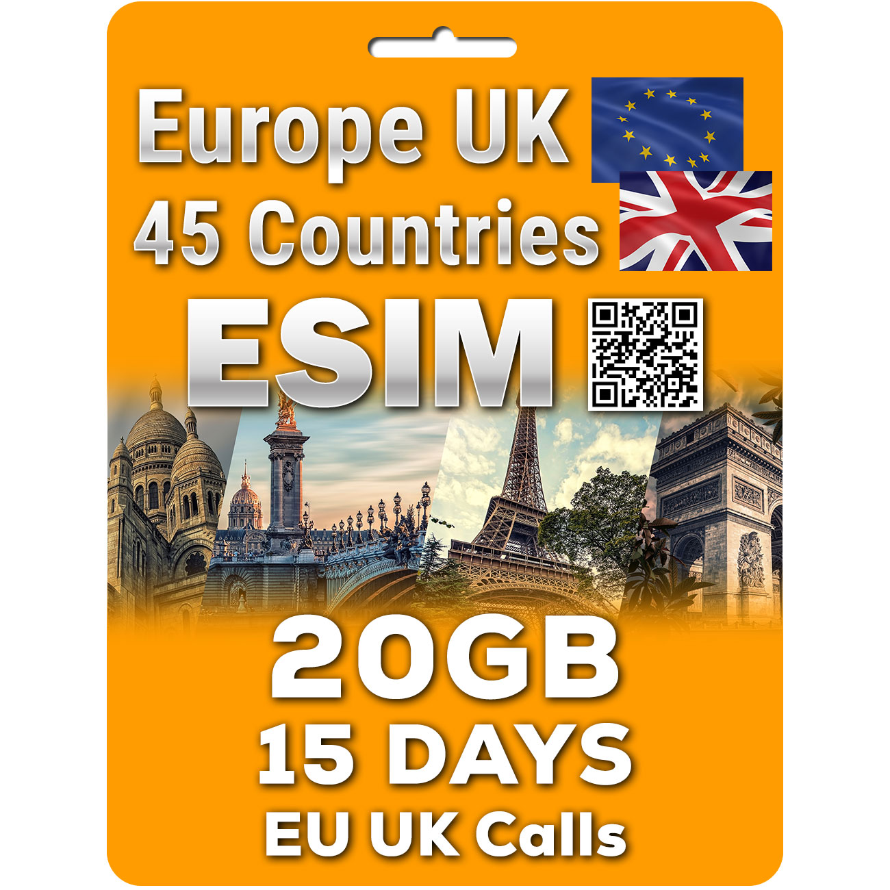 Europe UK Travel eSim | 15-30 Days 20-30GB | Unlimited EU UK Calls | QR code activation