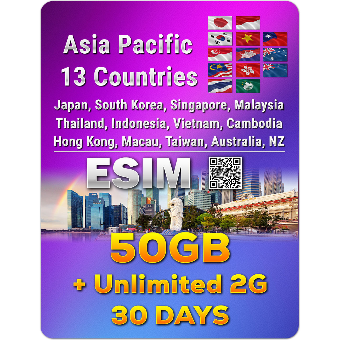 Asia Pacific 13 Countries 5G/4G eSIM | 3 - 50GB | 3 - 30 Days