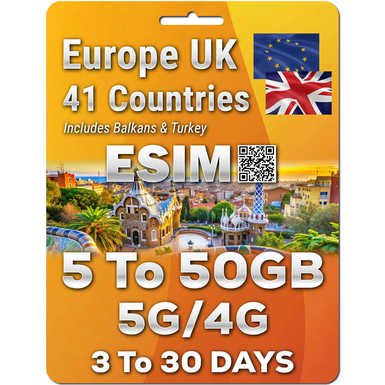 Europe UK Travel 5G eSim 41 Countries | Up to 50GB | QR code activation