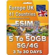 Europe UK Travel 5G eSim 41 Countries | Up to 50GB | QR code activation