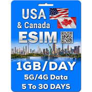 USA & Canada eSIM | 1GB per day | 5 to 30 Days