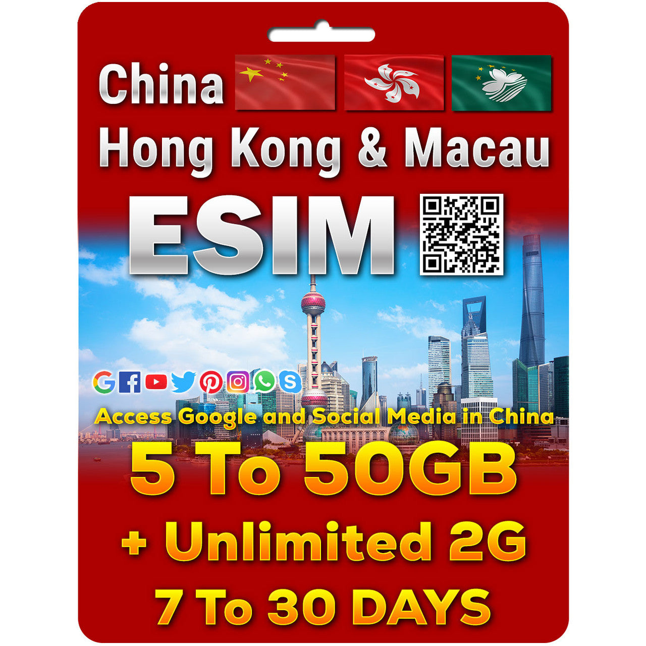 China, Hong Kong and Macau eSim | 5-50GB | 7-30 Days