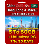 China, Hong Kong and Macau Simcard | 5-50GB | 7-30 Days
