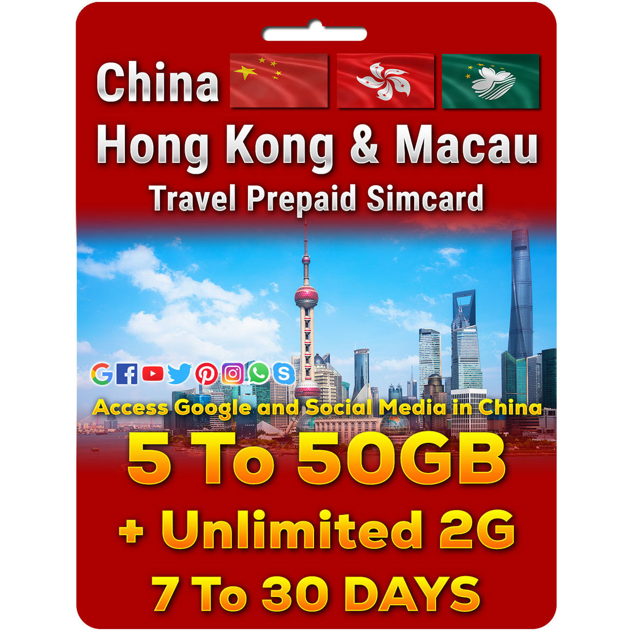 China, Hong Kong and Macau Simcard | 5-50GB | 7-30 Days