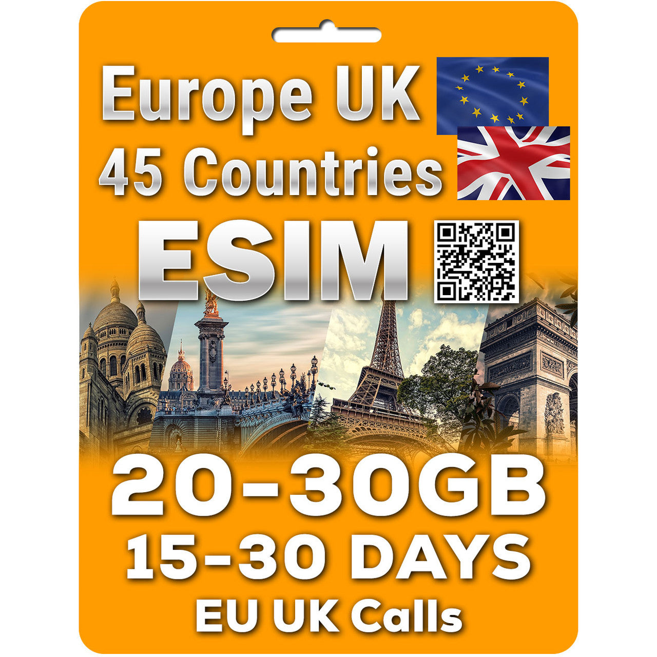 Europe UK Travel eSim | 15/30 Days 20/30GB | EU UK Calls | QR code activation
