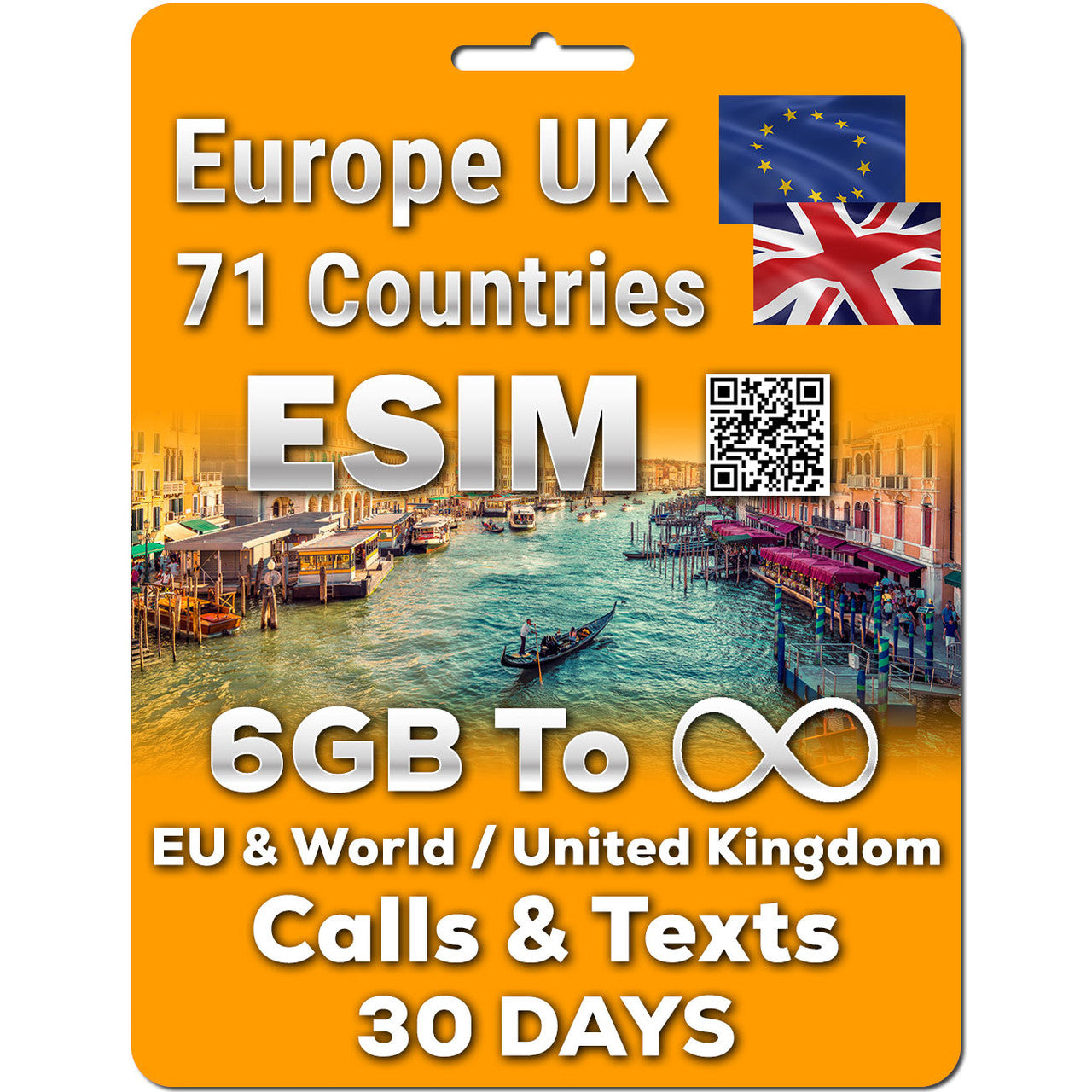 Europe UK eSIM Data Calls Text | 6/12/18/30GB | Unlimited Calls & Text | 30 Days