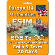 Europe UK eSIM Data Calls Text | 6/12/18/30GB | Unlimited Calls & Text | 30 Days