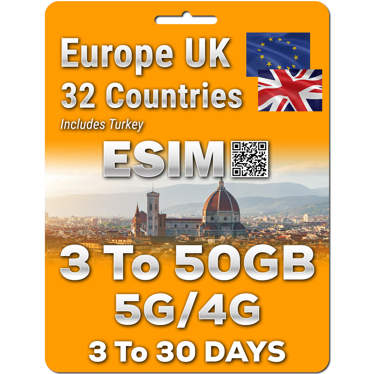 Europe UK Travel 5G eSim 32 Countries | Up to 50GB | QR code activation