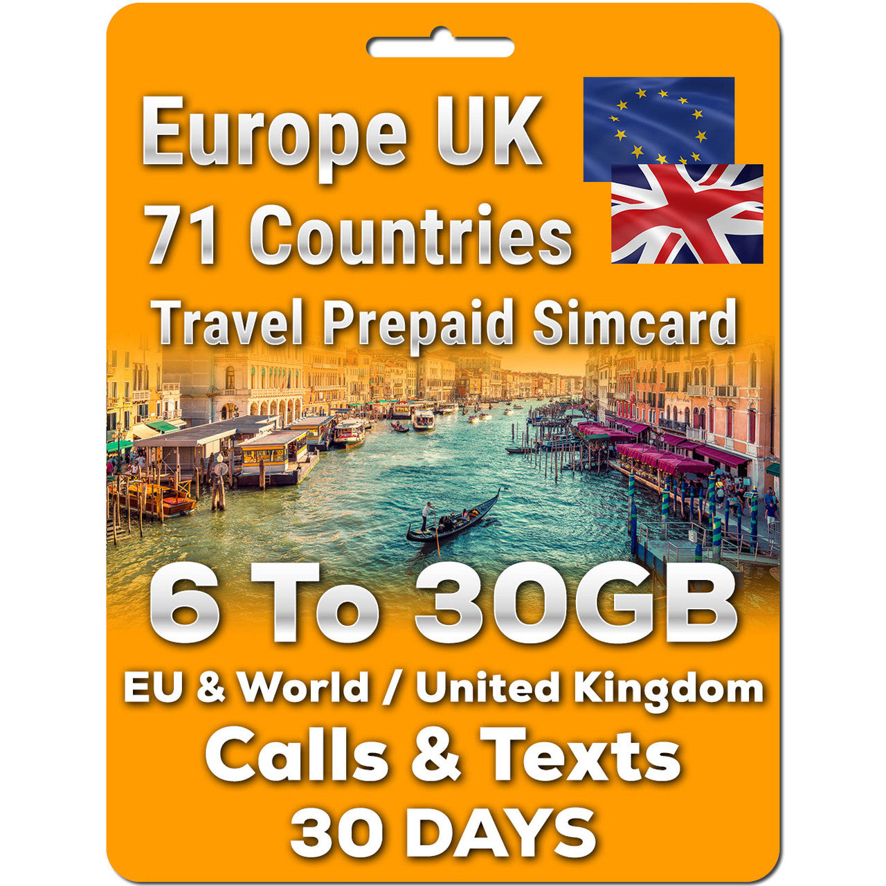 Europe UK Sim Card Data Calls Text | 6/12/18/30GB | Unlimited Calls & Text | 30 Days