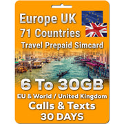 Europe UK Sim Card Data Calls Text | 6/12/18/30GB | Unlimited Calls & Text | 30 Days