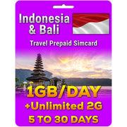 Indonesia Bali Travel Simcard | 5 Days to 30 Days | 1GB per day + Unlimited 2G